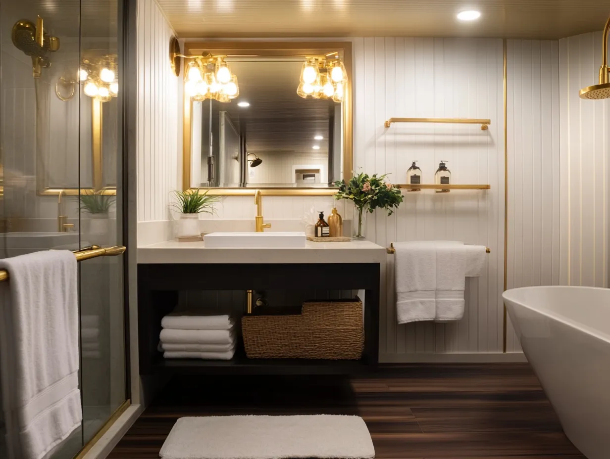 Luxury bathroom with modern fixtures and elegant tile work